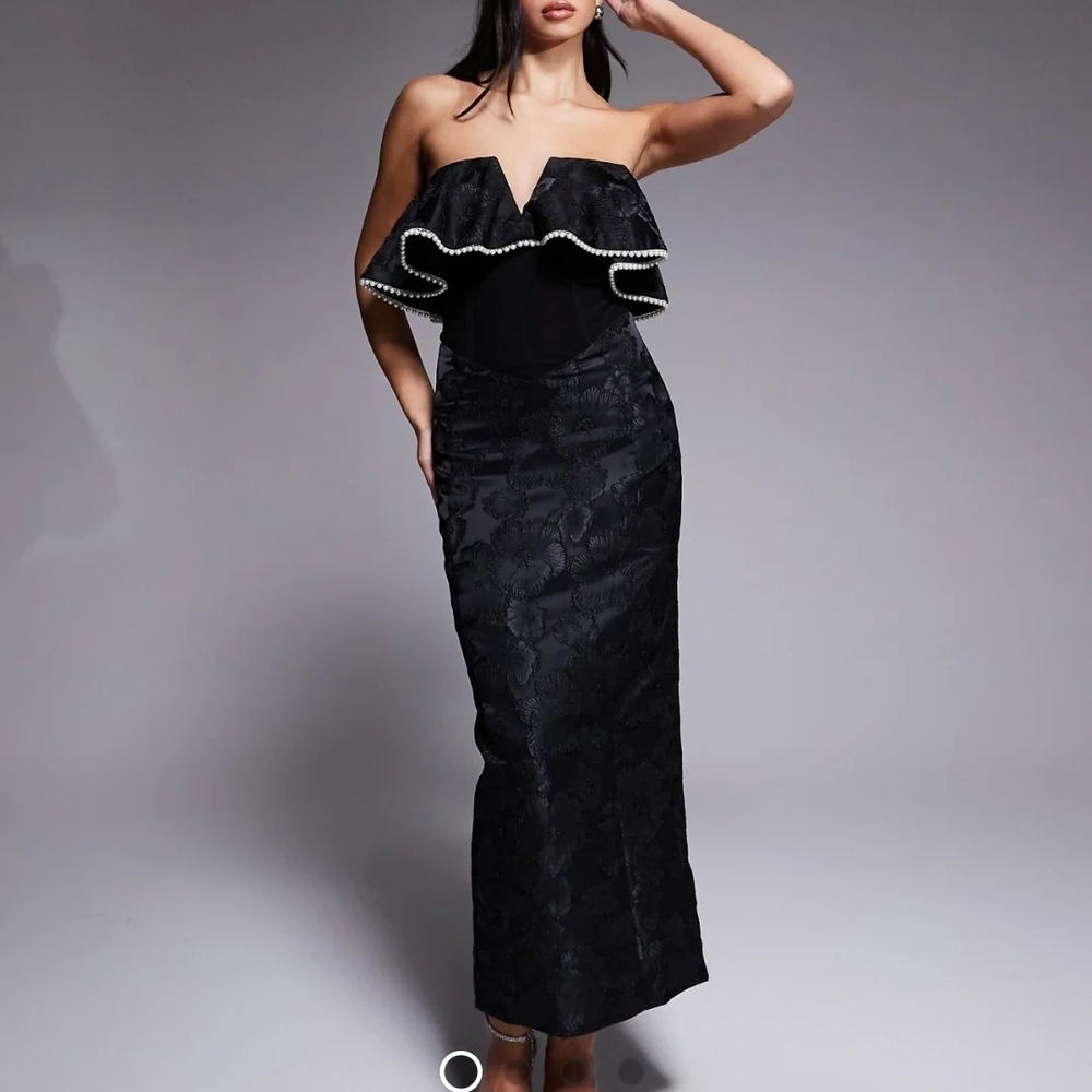 ASOS Black Strapless Ruffle Pearl-Trim Evening Gown (New, Never Worn)